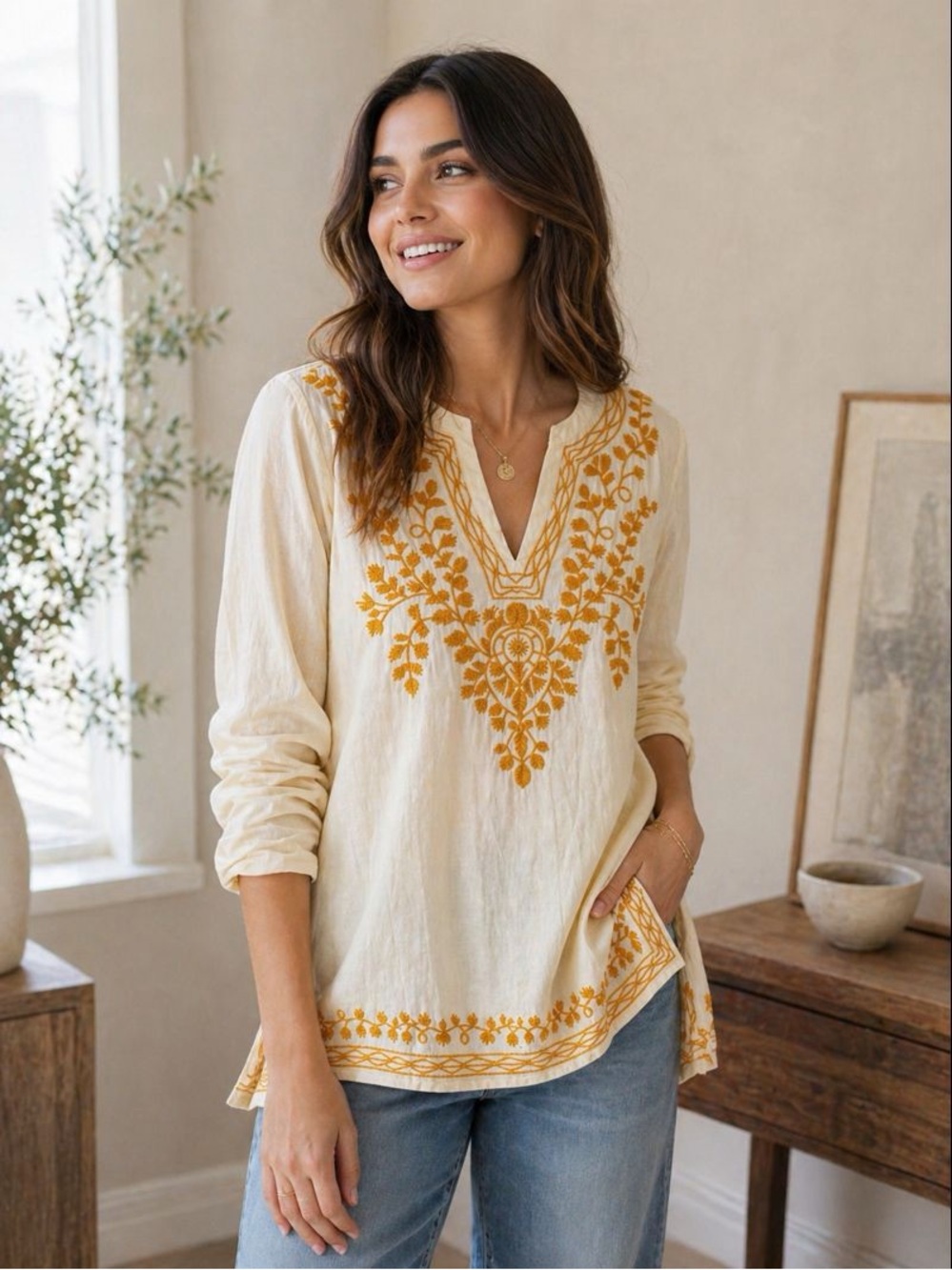 Michael Kors Cream Tunic with Golden Embroidery